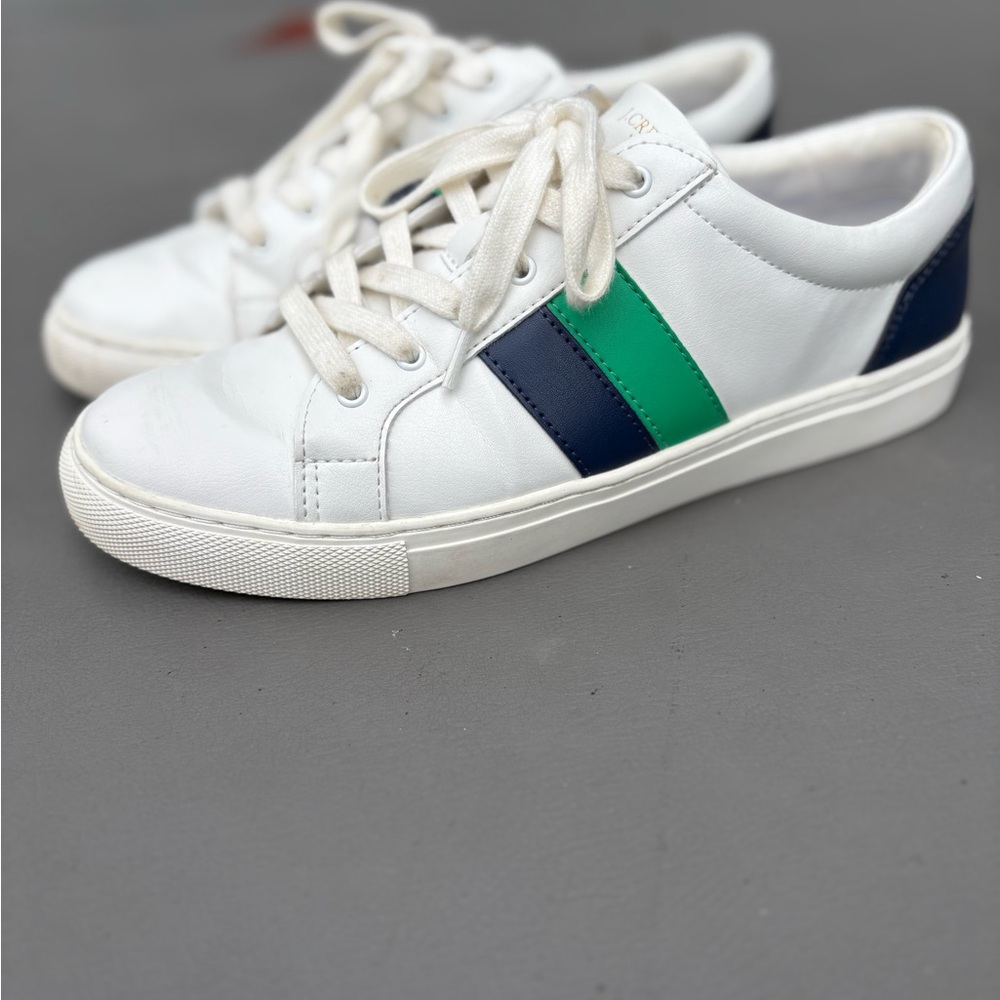 J. Crew White Sneakers with Green and Blue Stripes size 10